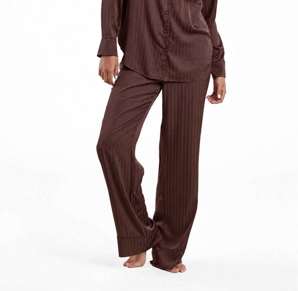 Nuuds Jacquard Striped Satin Pajama Pants lounge women's coffee Brown M NEW